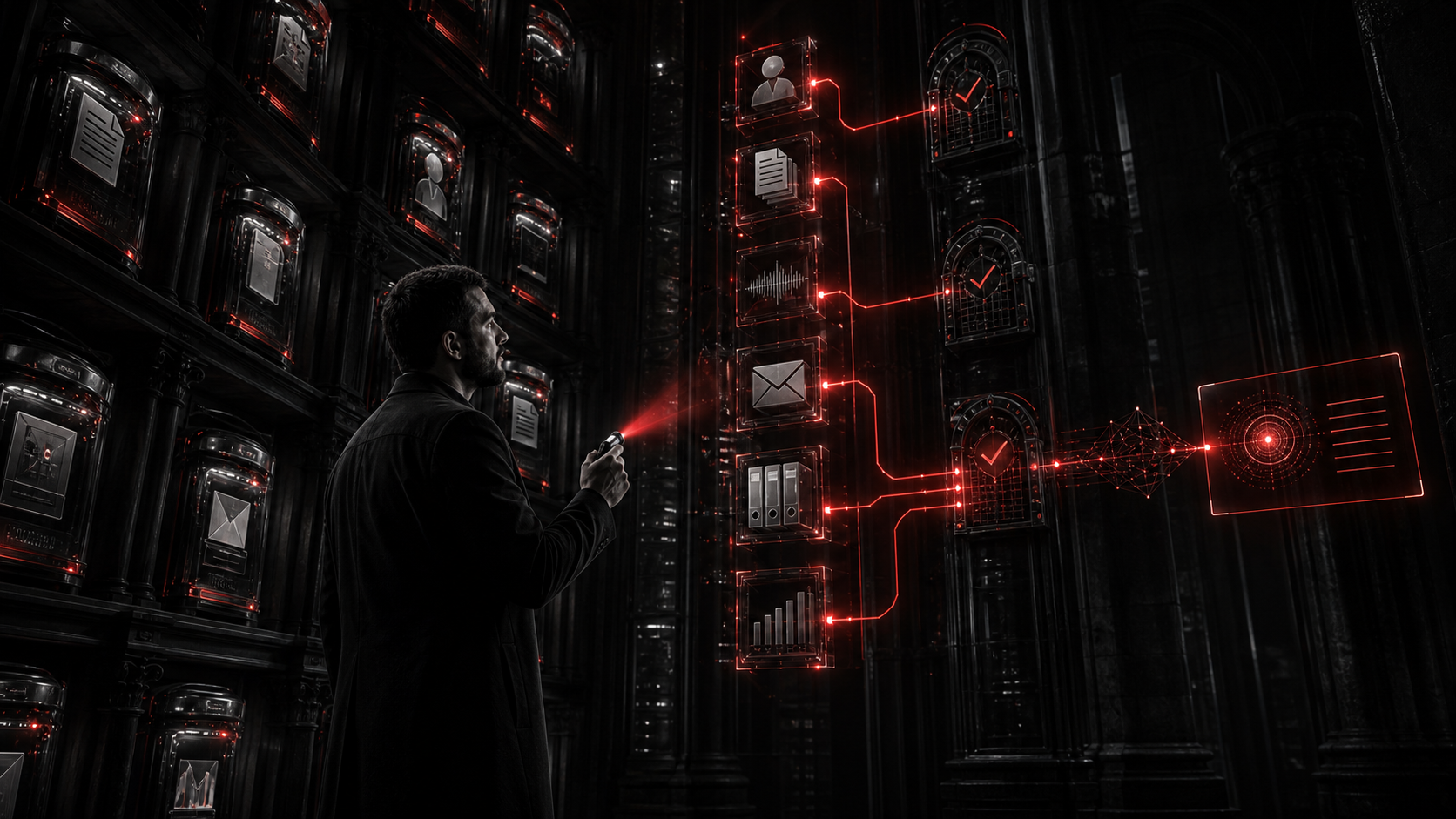 Аудитор в тёмном архиве проверяет красный маршрут от источников знаний к подтверждённому ответу