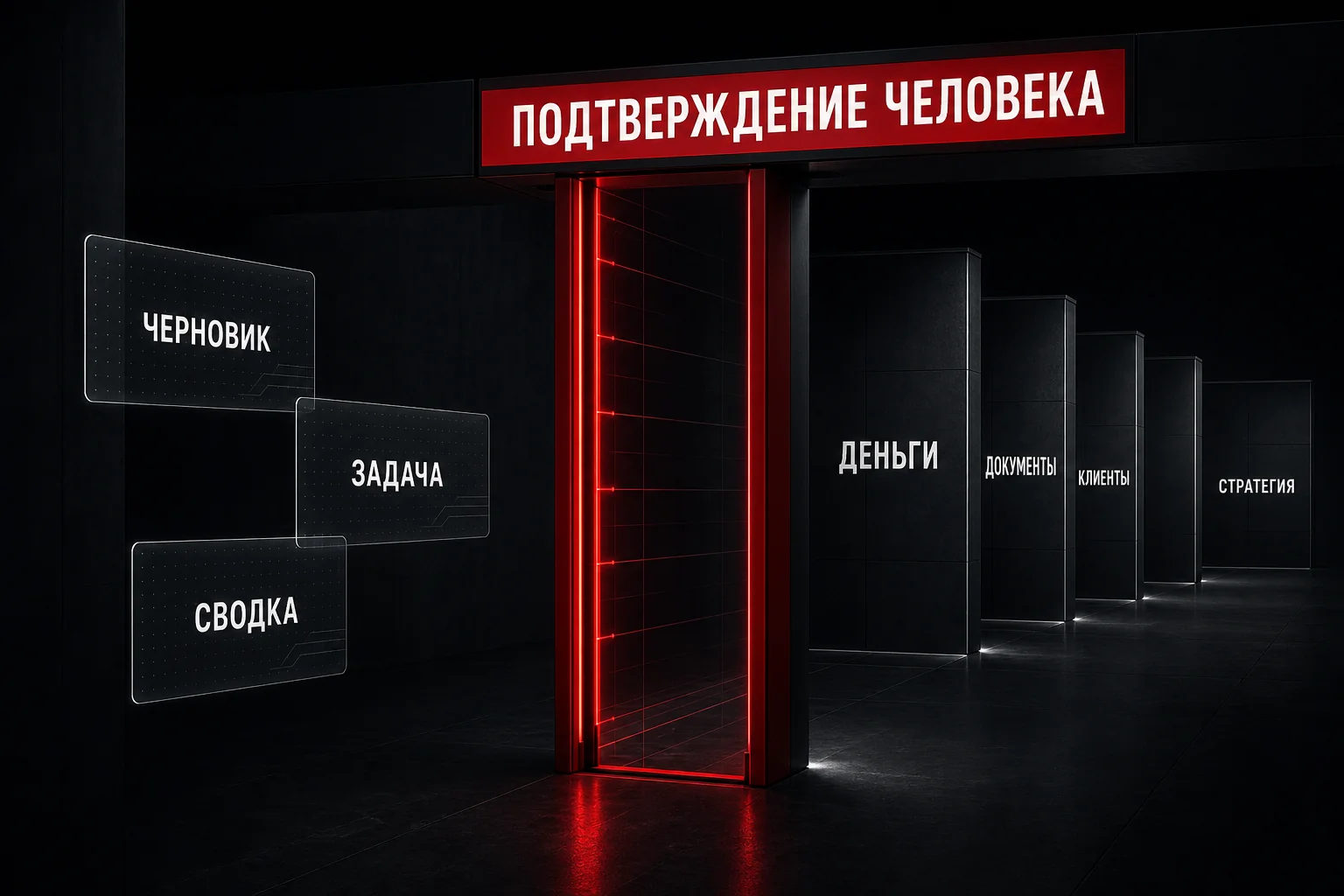 Красный контрольный шлюз с баннером «Подтверждение человека» отделяет AI-карточки черновика, задачи и сводки от четырёх рабочих зон — деньги, документы, клиенты и стратегия