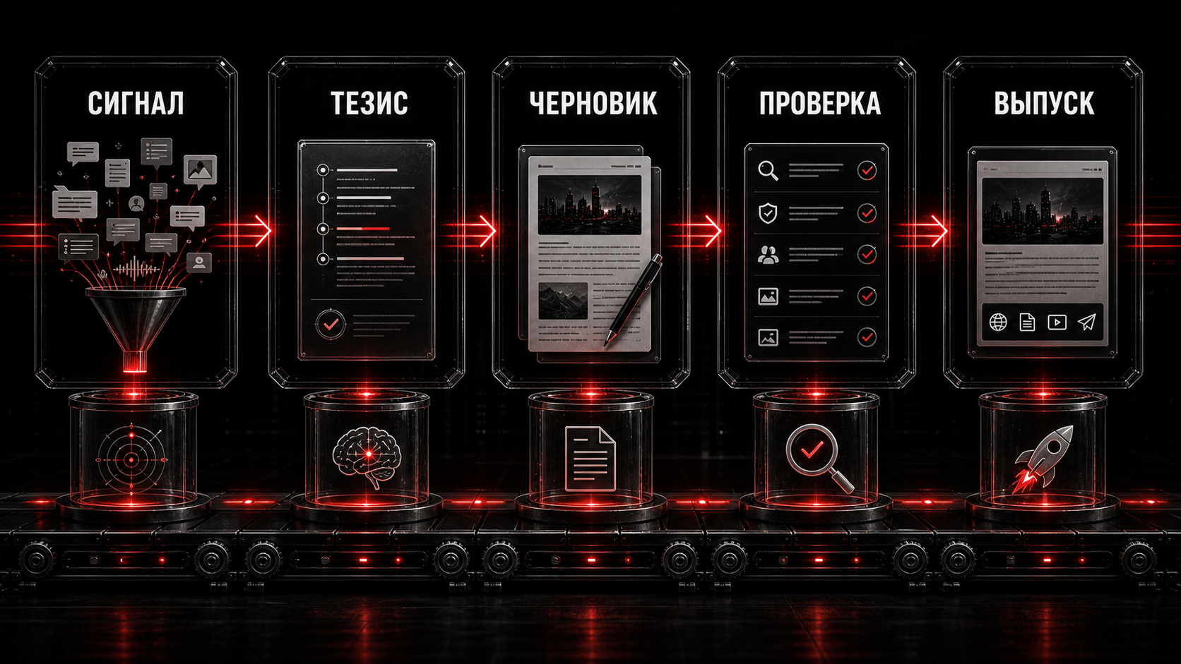Инфографика: контент проходит этапы сигнал, тезис, черновик, проверка и выпуск
