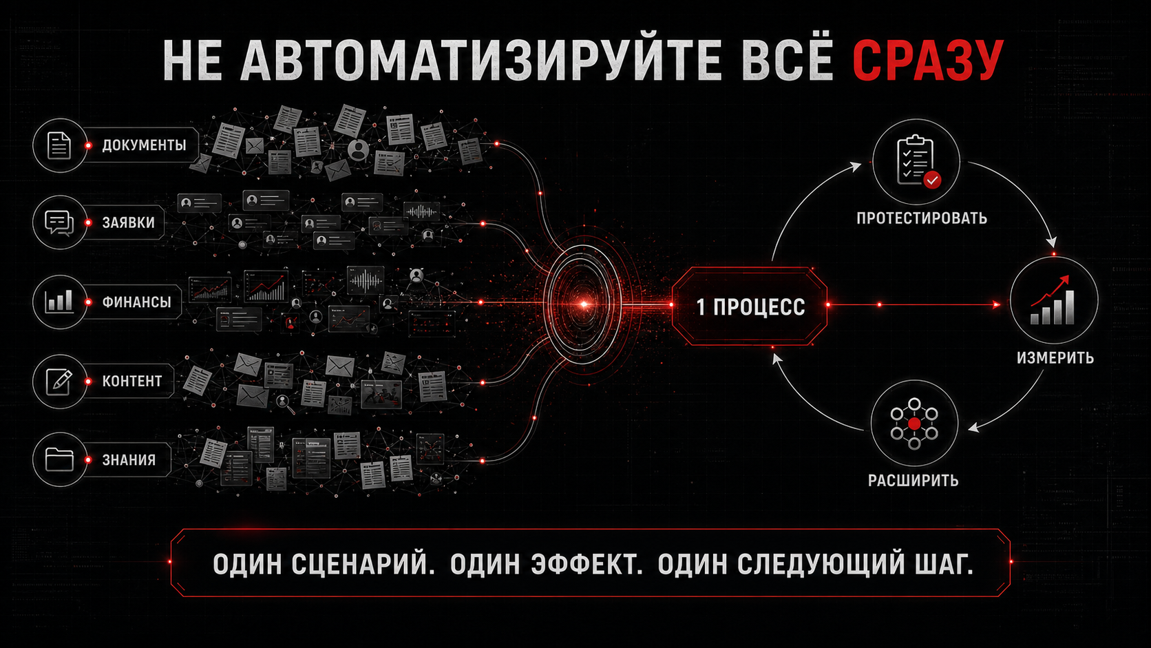 Инфографика: документы, заявки, финансы, контент и знания сходятся в один процесс, который нужно протестировать, измерить и расширить
