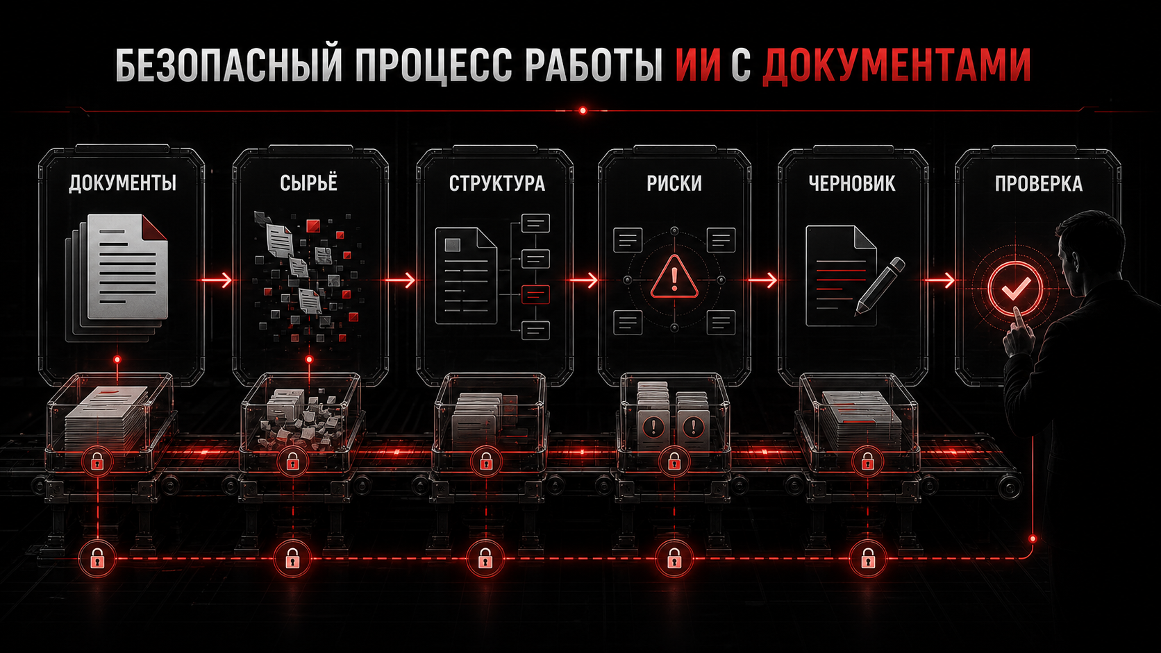 Инфографика: документы проходят этапы сырьё, структура, риски, черновик и проверка