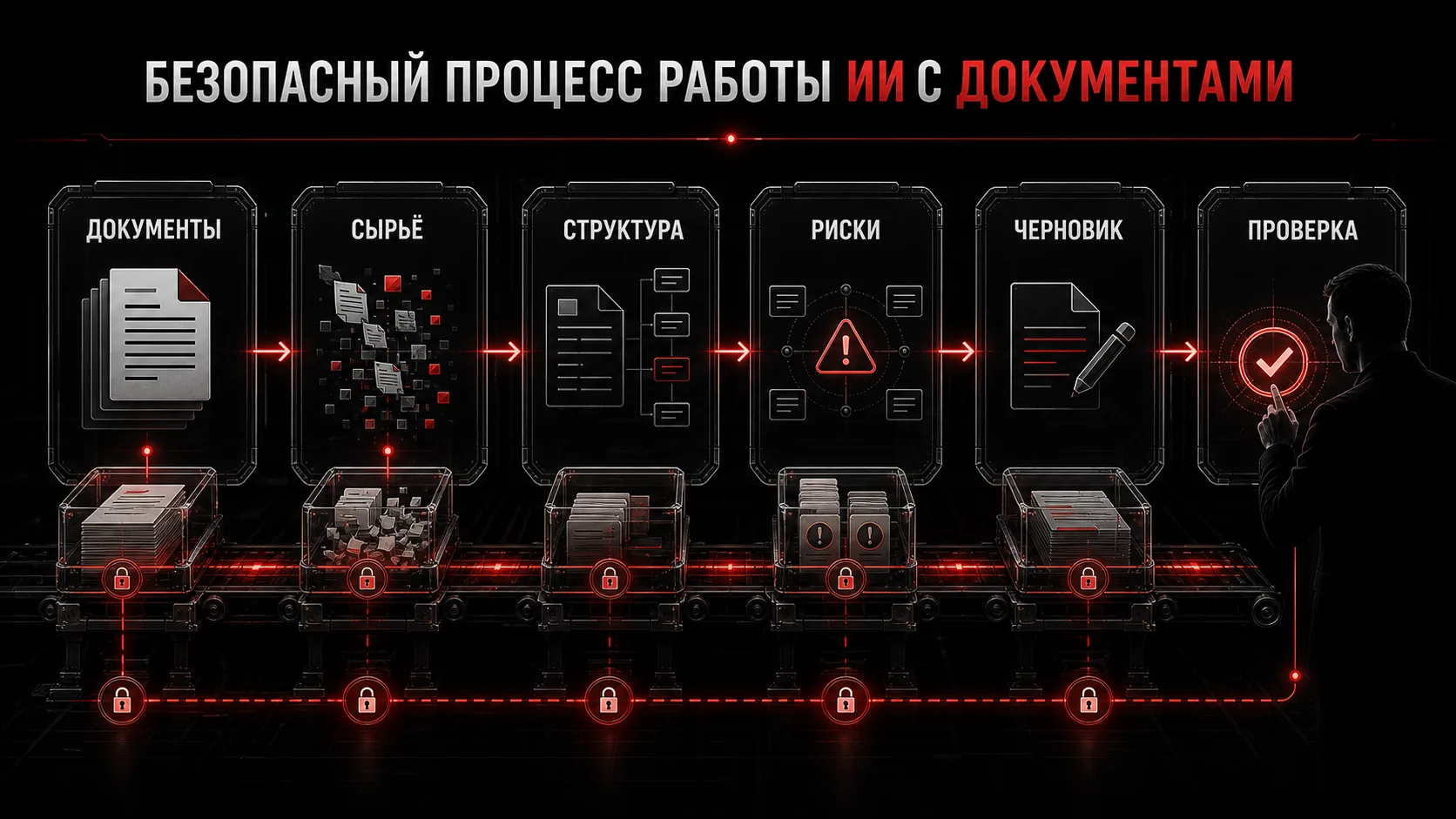 Инфографика: документы проходят этапы сырьё, структура, риски, черновик и проверка
