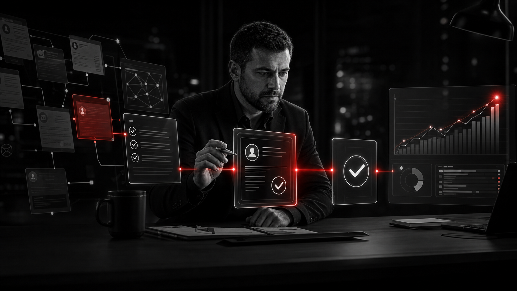 Предприниматель проверяет AI-предложение перед тем, как оно становится подтверждённым бизнес-решением