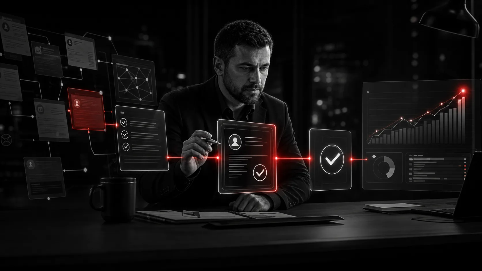 Предприниматель проверяет AI-предложение перед тем, как оно становится подтверждённым бизнес-решением