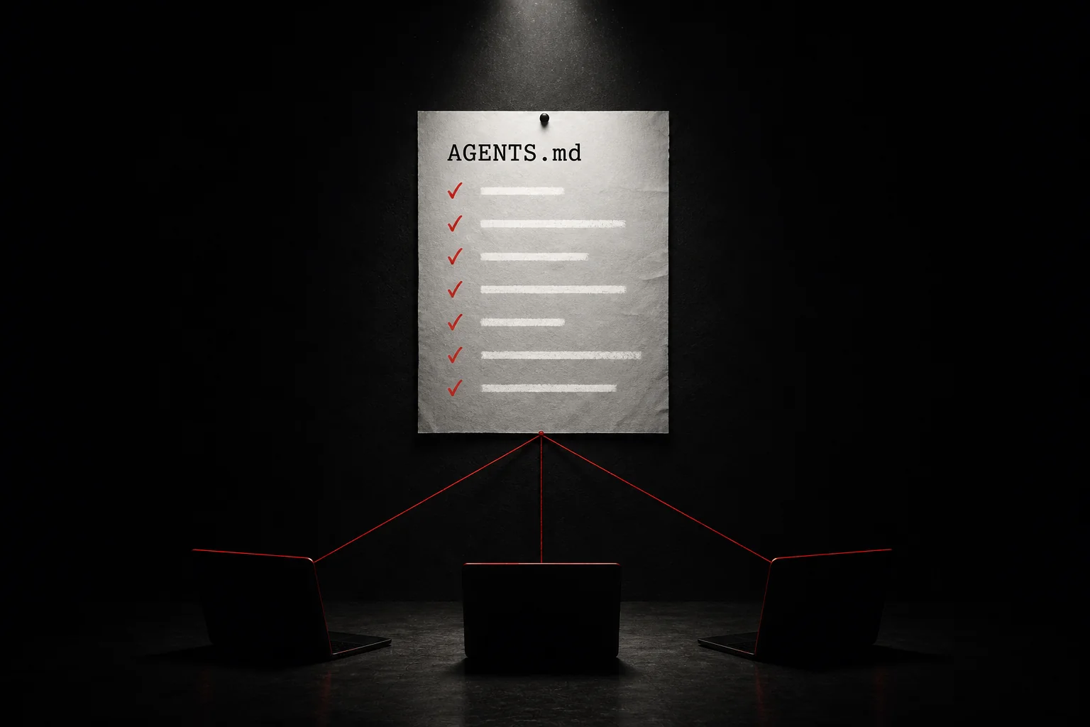 Тёмный кабинет. К чёрной стене прикреплён белый постер с заголовком AGENTS.md в верхнем углу и семью пунктами правил в виде горизонтальных белых полос с красными галочками слева от каждой. От постера тянутся три тонкие красные линии вниз к трём раскрытым ноутбукам, стоящим на полу — символ единого договора, который читают все агенты.